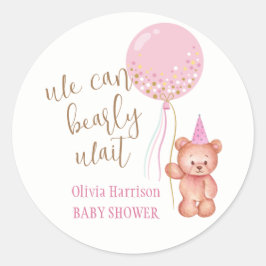 Minimalistisch Teddy Bear Pink Balloon Babydusche Runder Aufkleber