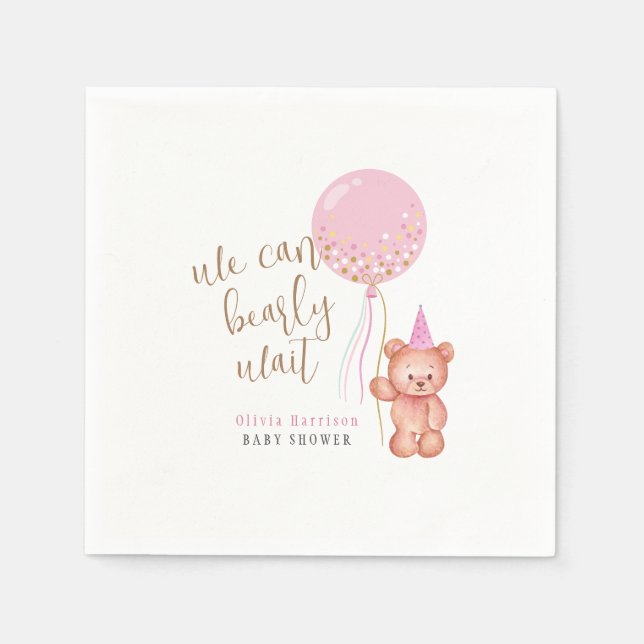 Minimalistisch Teddy Bear Pink Balloon Babydusche Serviette (Vorderseite)