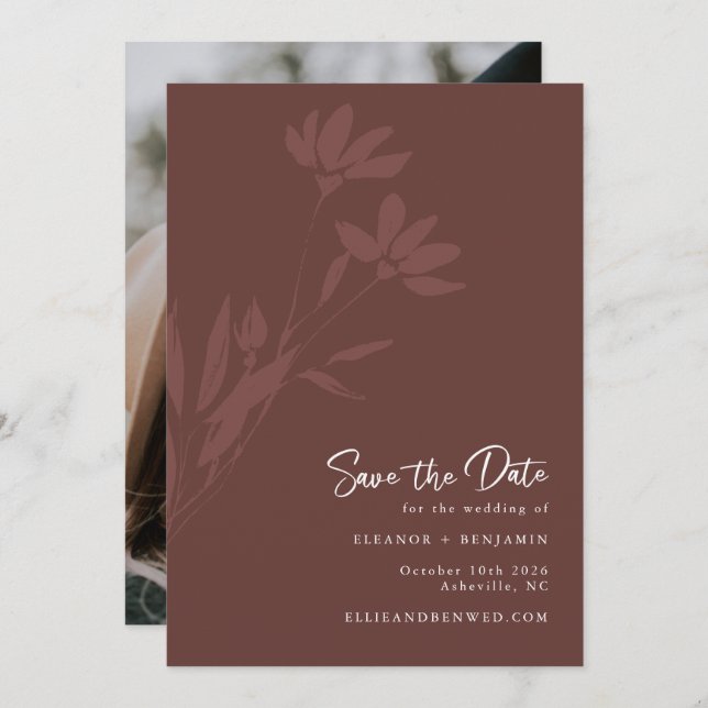 Minimalistisch Terracotta Boho Botanische Schrift  Save The Date (Vorne/Hinten)