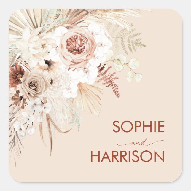 Minimalistisch Terracotta Boho Pampas Grass Square Quadratischer Aufkleber (Vorderseite)