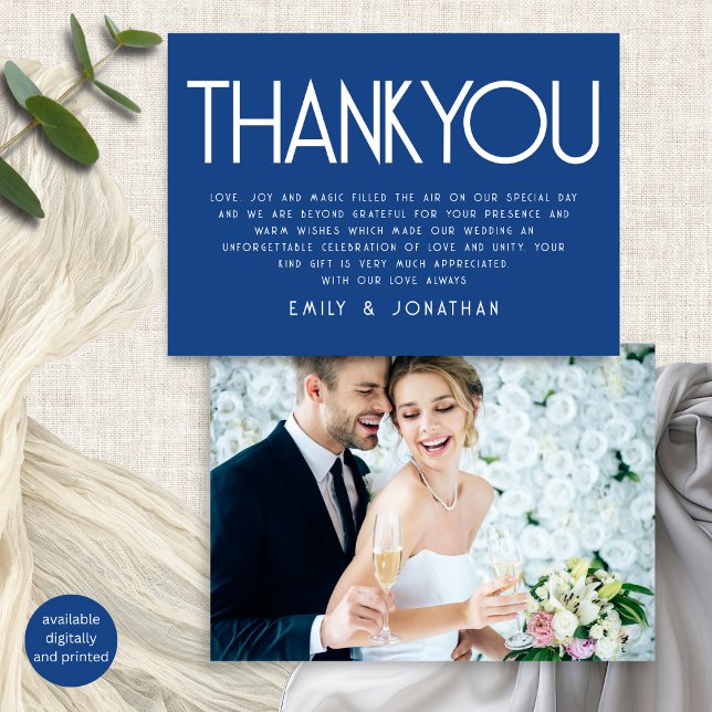 Minimalistisch Text Blue Wedding Vielen Dank Karte (Frotn and back view)