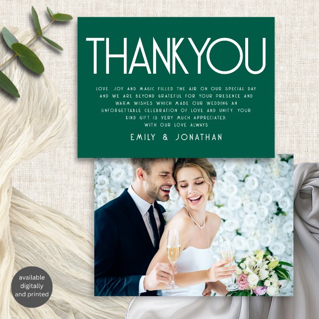 Minimalistisch Text Emerald Wedding Vielen Dank Karte (Front and back view)