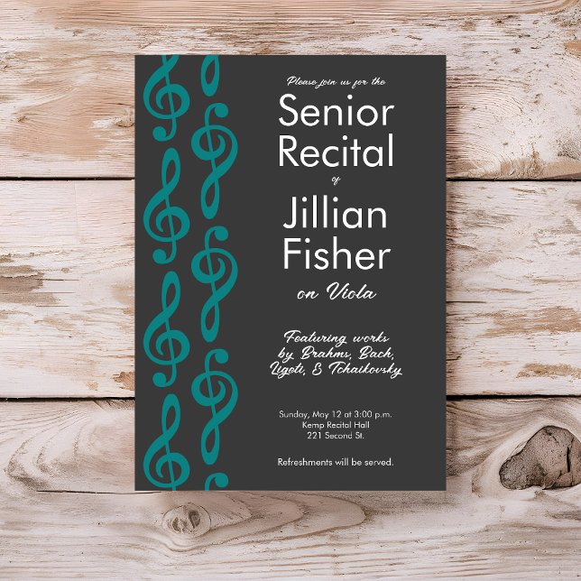 Minimalistisch Treble Clef Senior Music Erwägungsg Einladung (Minimalist treble clef custom music senior recital invitation template by Horn and Castle.)