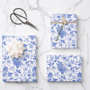 Minimalistisch Vintag Blue White Blumen chinoiseri Geschenkpapier Set