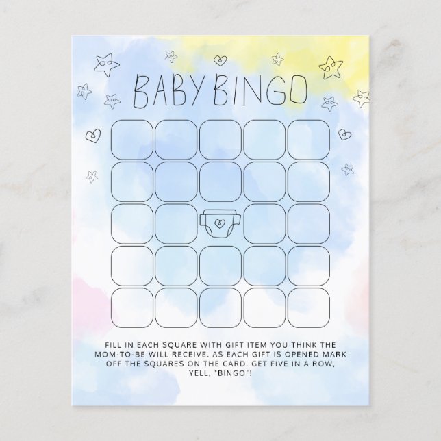 Minimalistisch Watercolor Blue Bingo Baby Showspie (Vorderseite)