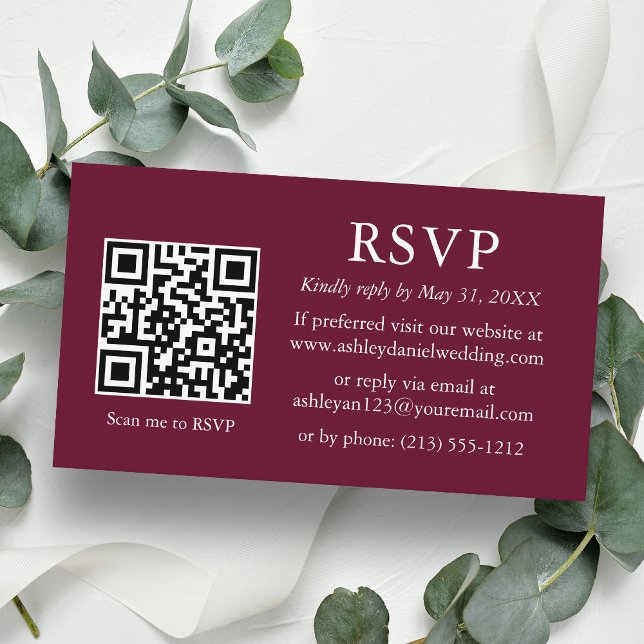 Minimalistisch Wedding Burgundy QR UAWG Begleitkarte (Customize to change text style, size, background color or add more text or a photo to back of card.)