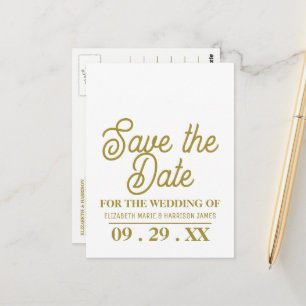 Minimalistisch, weiß und Gold, Hochzeit das Datum Postkarte