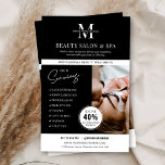 Minimalistisch Wellness-Center Salon Services Busi Flyer<br><div class="desc">Minimalistischer Business Marketing Flyer mit Platz für Ihr Monogramm oder Logo, Services, Kontaktdetails und ein individuelles Foto. Dieses berufliche Beauty-Salon oder die Wellness-Center Marketing-Broschüre verfügt über ein modernes Schwarz-Weiß-Design und ein Rabatt bieten Abzeichen, um neue Kunden zu gewinnen. Eine einfache Möglichkeit, Ihre Dienstleistungen zu bewerben und spezielle Rabatte für potenzielle...</div>