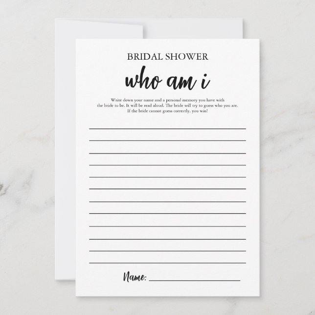 Minimalistisch wer ich bin Brautparty Game Card Einladung (Vorderseite)