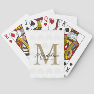Minimalistisch White Gold Anahaw Leaf Script Monog Spielkarten