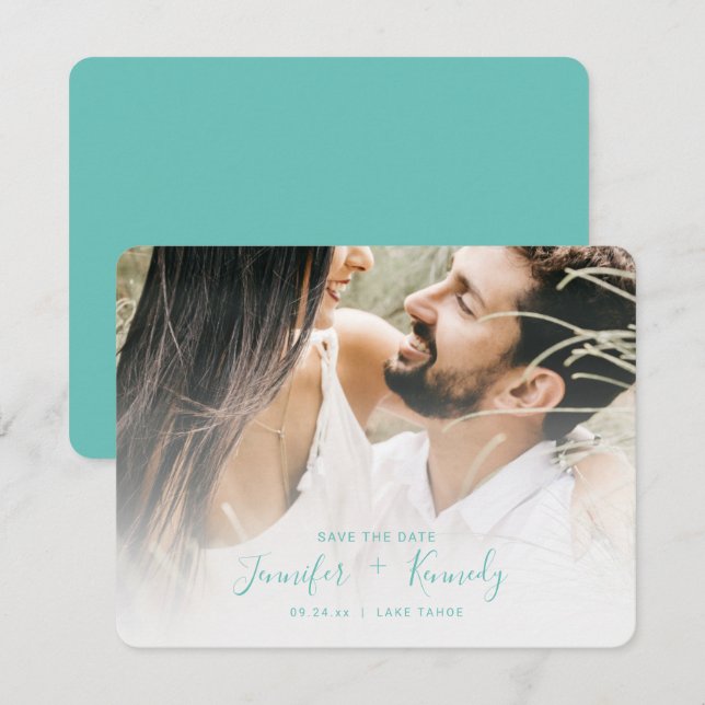 Minimalistisch White Overlay Aqua Script & Foto Save The Date (Vorne/Hinten)