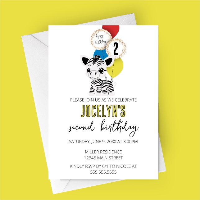 Minimalistisch Zebra Geburtstagsparty Einladung (Minimalist Zebra Birthday Party Invitation with Multicolored Balloons)