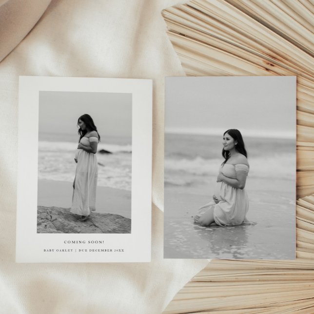 Minimalistische 2-Foto-Schwarz-weiße Baby-Schwange Ankündigung (Von Creator hochgeladen)