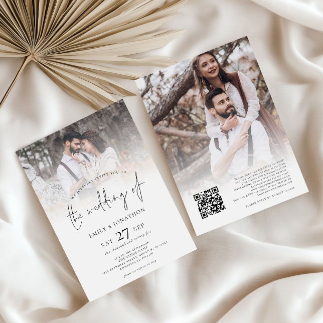 Minimalistische 2 Fotos Overlay QR Code Hochzeit Einladung (Front and back view)