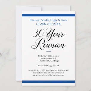 Minimalistische 30-jährige Wiedersehen in Blau und Einladung