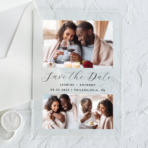 Minimalistische 3-Foto-Collage Hochzeit Save the D Acryleinladungen