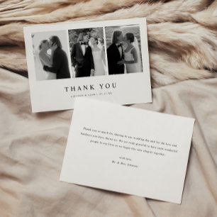 Minimalistische 3-Foto-Schwarz-Weiß-Hochzeit Dankeskarte