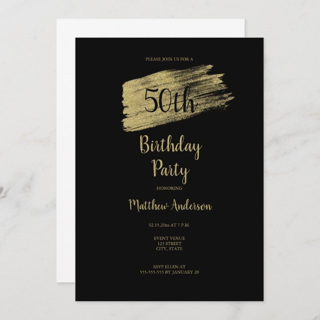 Minimalistische 50. Gold Black Birthday Einladung (Vorne/Hinten)