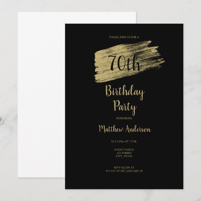 Minimalistische 70. Gold Black Birthday Einladung (Vorne/Hinten)