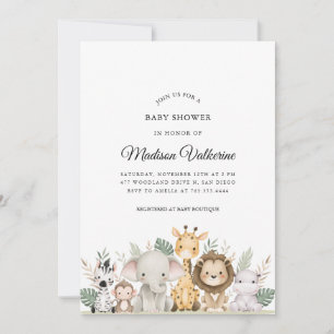 Minimalistische Abenteuer-Waldtiere-Baby-Party Einladung