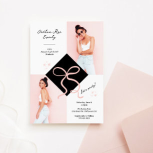 Minimalistische Abschluss-Foto mit rosa Mütze und  Einladung