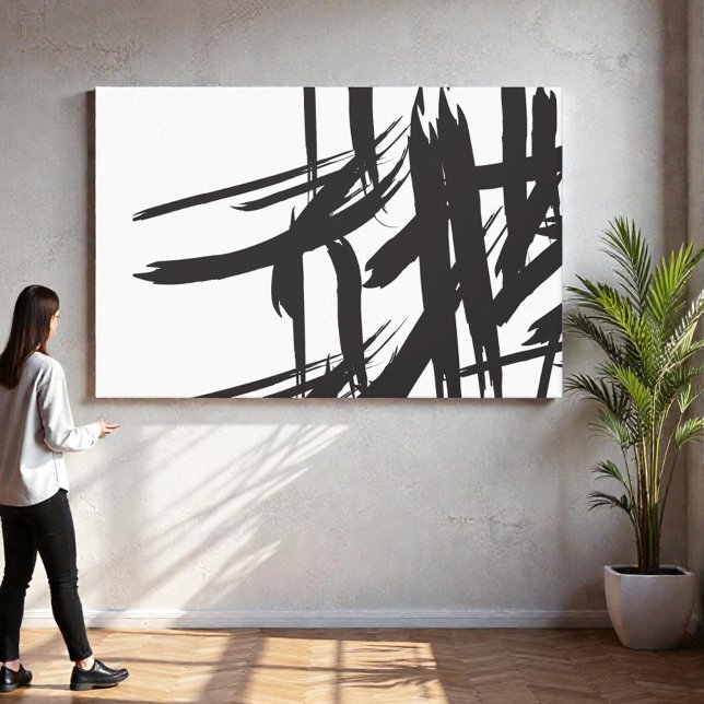 Minimalistische abstrakte Schwarzweiß-Wandkunst Leinwanddruck (Abstract monochromatic black and white brush stroke wall art canvas.)