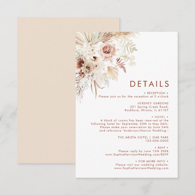 Minimalistische Angaben zu Boho Pampas Gras Begleitkarte (Vorne/Hinten)