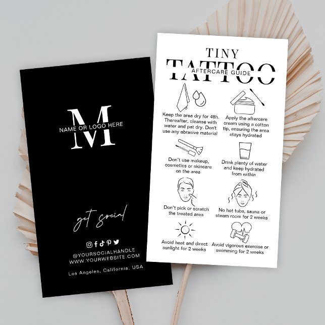 Minimalistische Anleitung für das kleine Tattoo Af Visitenkarte (Minimalist tiny tattoo aftercare cards with care icons and space for your business details)