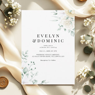Minimalistische Aquarell-Blumen-Hochzeit mit weiße Einladung