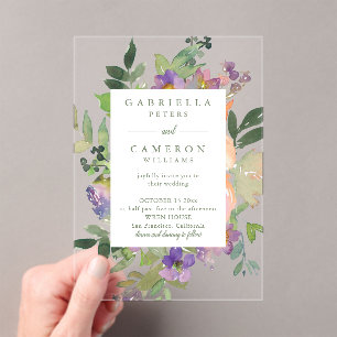 Minimalistische Aquarell-Lila-Chic-Floral-Hochzeit Acryleinladungen