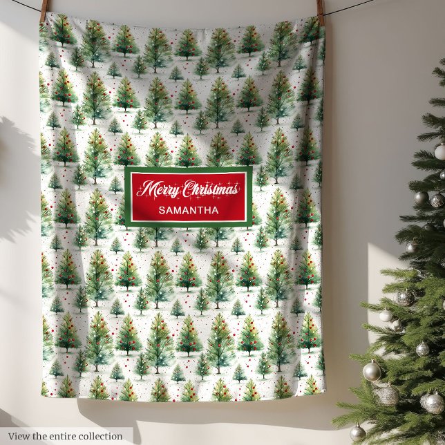 Minimalistische Aquarellbäume individuelle Name Fleecedecke (Minimalist watercolor Christmas trees custom name Fleece Blanket)