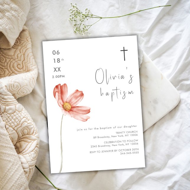Minimalistische Aquarellfarben-Wildblume Kreuztauf Einladung (Minimalist Watercolor Wildflower Cross Baptism Invitation)