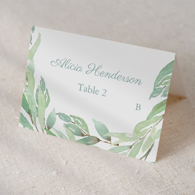 Minimalistische Aquarellgrüne Taufe Platzkarte Tischnummer (Individual place cards for wedding, baptism etc featuring pale green watercolor greenery border)