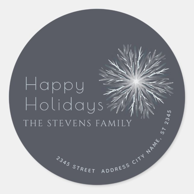 Minimalistische Aquarellschneeflocke Happy Holiday Runder Aufkleber (Vorderseite)