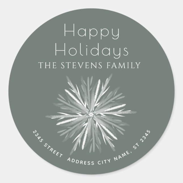Minimalistische Aquarellschneeflocke Happy Holiday Runder Aufkleber (Vorderseite)