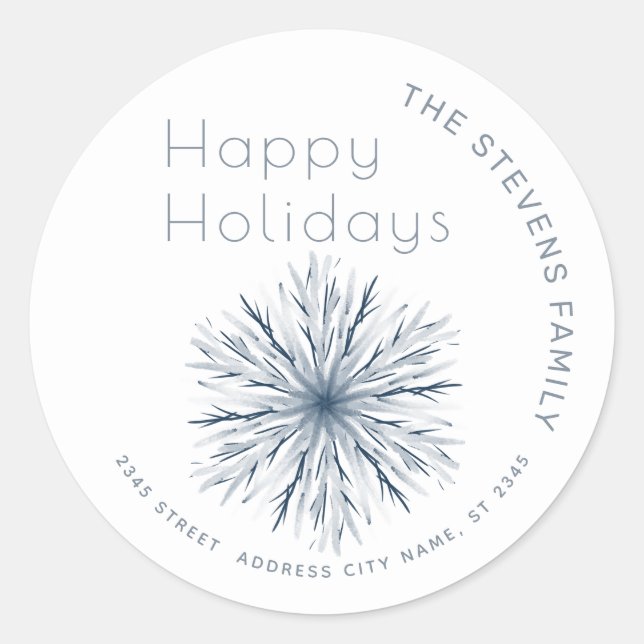Minimalistische Aquarellschneeflocke Happy Holiday Runder Aufkleber (Vorderseite)