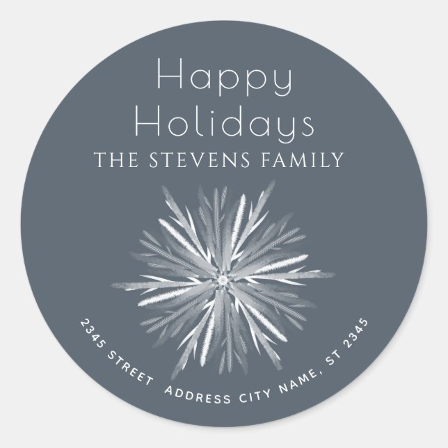 Minimalistische Aquarellschneeflocke Happy Holiday Runder Aufkleber (Vorderseite)