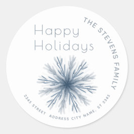 Minimalistische Aquarellschneeflocke Happy Holiday Runder Aufkleber