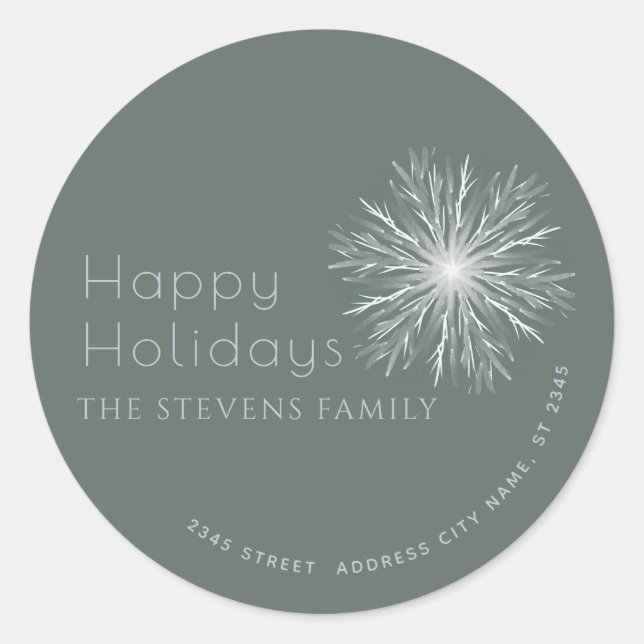 Minimalistische Aquarellschneeflocke Happy Holiday Runder Aufkleber (Vorderseite)