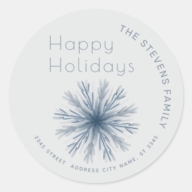 Minimalistische Aquarellschneeflocke Happy Holiday Runder Aufkleber (Vorderseite)