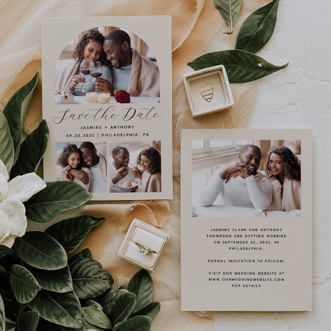 Minimalistische Arch Beige mit 4 Fotos Save The Date (Von Creator hochgeladen)