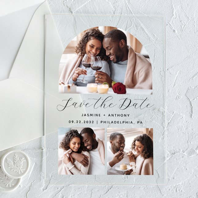 Minimalistische Arch Collage mit 3 Fotos Save the  Acryleinladungen (Von Creator hochgeladen)