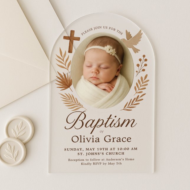 Minimalistische Arched Acrylic Baptim Einladung (boho-baptism-invitation-dove-cross-neutral-photo.png)