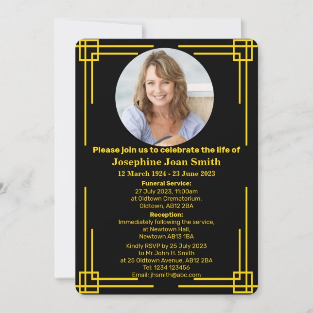 Minimalistische Art Deco Frame Beerdigung Einladung (Vorderseite)