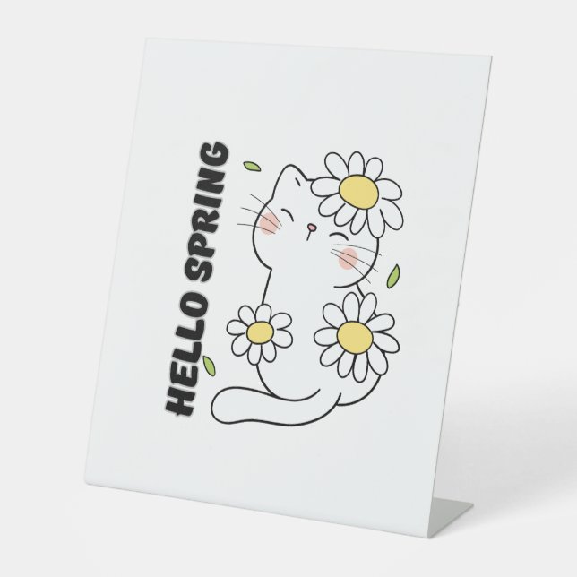 Minimalistische Ästhetik Hallo Frühling Katze & Gä Sockelschild (Vorderseite)