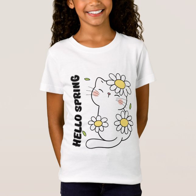 Minimalistische Ästhetik Hallo Frühling Katze & Gä T-Shirt (Vorderseite)
