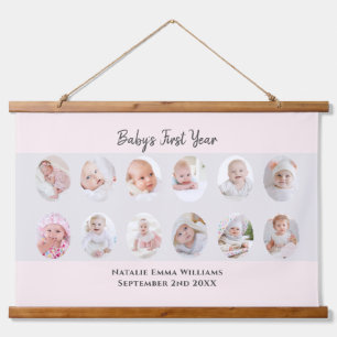 Minimalistische Baby-Erstjahres-12-Foto-Collage Wandteppich Mit Holzrahmen