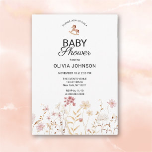 Minimalistische Baby-Party mit zarten rosa Blumen Einladung