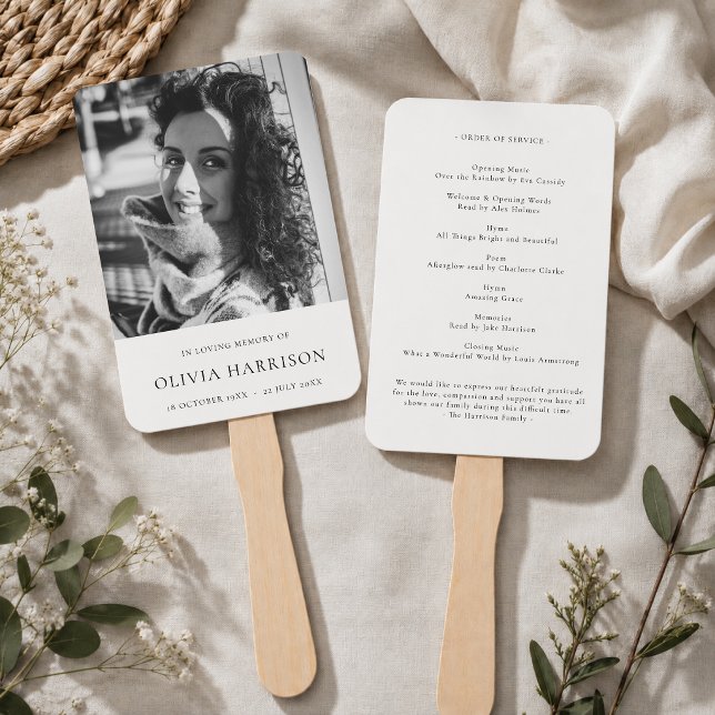 Minimalistische Beerdigung | Moderne Feier des Leb Fächer (Personalized memorial hand fan with photo and order of service for funeral guests.)
