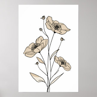Minimalistische beige Blumenlinie-Kunst | Moderne  Poster